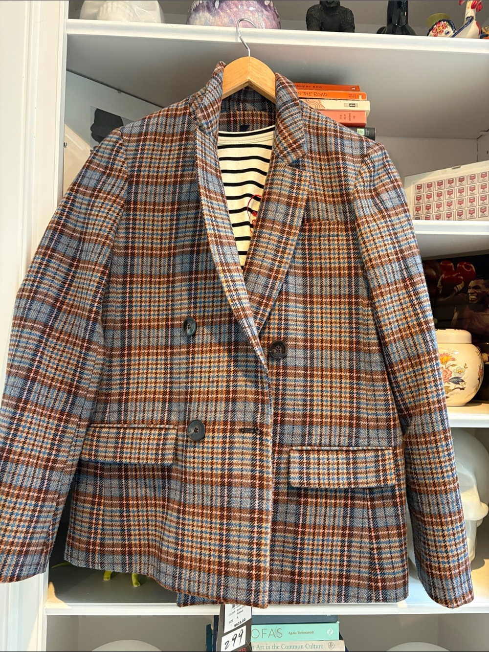 Classic Plaid Double-Breasted Women’s Wool Jacket - Brown & Blue